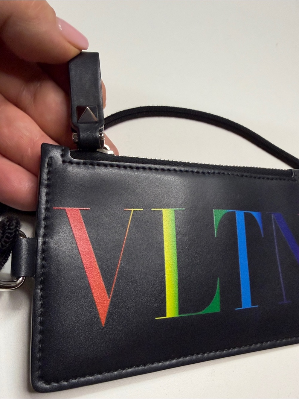 Valentino Black Leather VLTN Rainbow Logo Cardholder with Strap - Picture 2 of 7